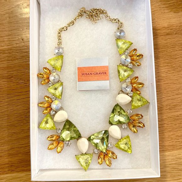 Susan Graver Jewelry - Susan Graver Statement Necklace with Lime Green, Cream, Amber Rhinestones in Box